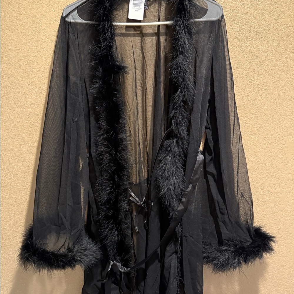 Elegant Black Sheer Robe with Faux Fur Trim